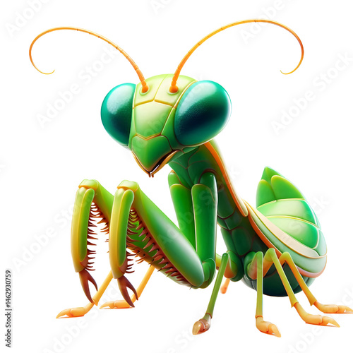 Cute 3D praying mantis isolated on white background