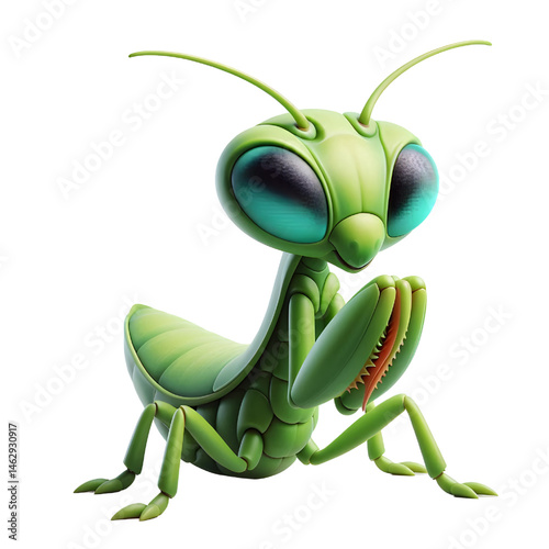 Cute 3D praying mantis isolated on white background