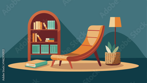 A reading nook with a curved wooden bookshelf a rattan lounge chair and a textured throw rug.
