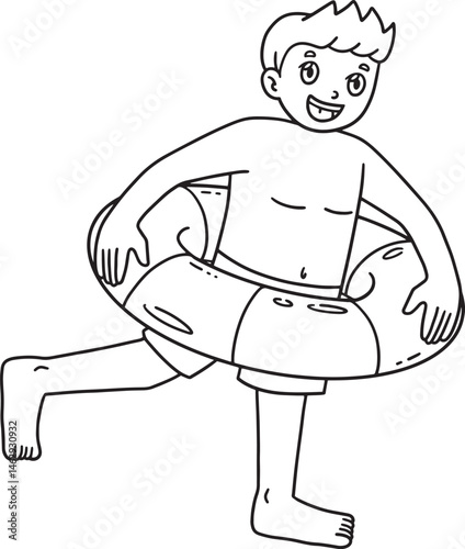 Swimming Boy with a Ring Floater Isolated Coloring