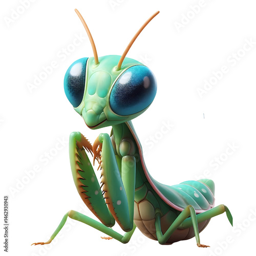 Cute 3D praying mantis isolated on white background