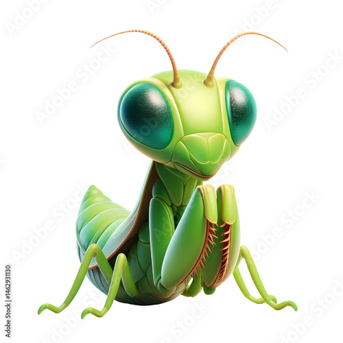 Cute 3D praying mantis isolated on white background