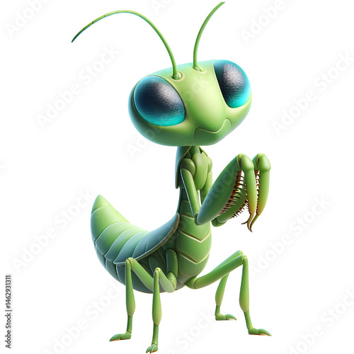 Cute 3D praying mantis isolated on white background