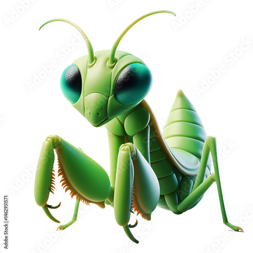 Cute 3D praying mantis isolated on white background