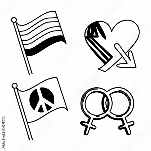 Simple Line Art Icons of LGBTQ+ Symbols