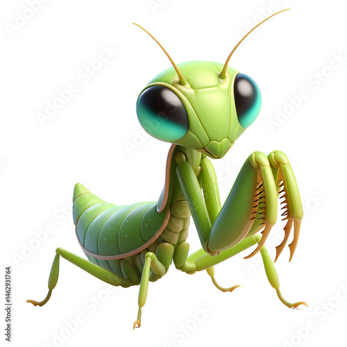 Cute 3D praying mantis isolated on white background