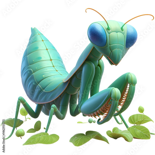 Cute 3D praying mantis isolated on white background