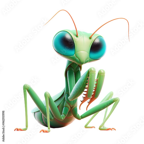 Cute 3D praying mantis isolated on white background