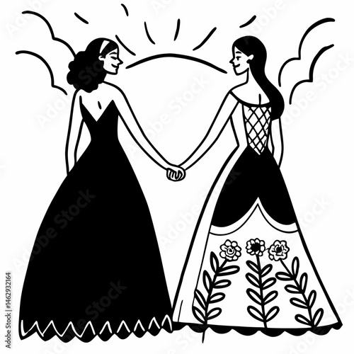 Elegant Line Drawing of Two Women Holding Hands