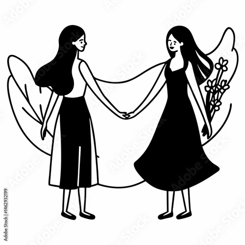 Elegant Line Drawing of Two Women Holding Hands