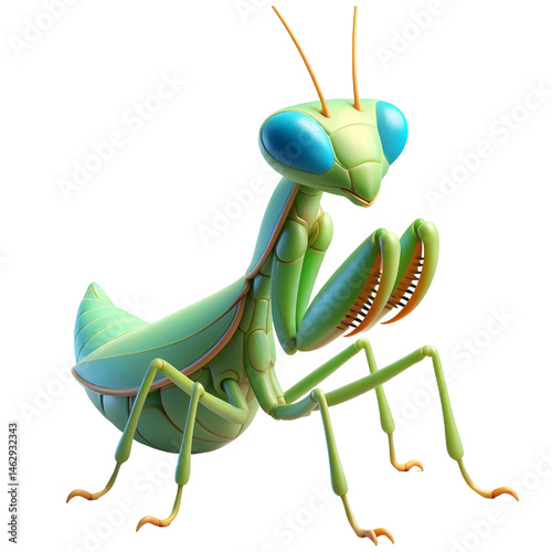 Cute 3D praying mantis isolated on white background
