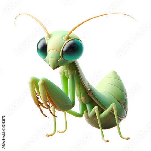 Cute 3D praying mantis isolated on white background