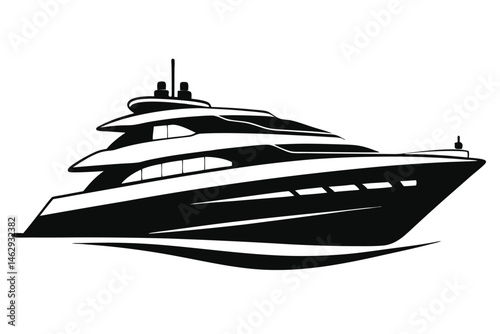 Sleek black and white yacht sails smoothly, representing maritime luxury and sea travel