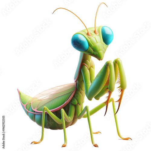 Cute 3D praying mantis isolated on white background