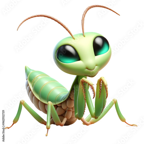 Cute 3D praying mantis isolated on white background