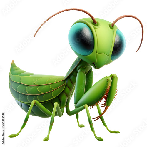 Cute 3D praying mantis isolated on white background