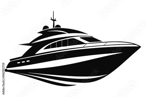 Sleek black and white yacht glides through the water with bold, modern design