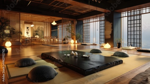 Luxury tea room with tatami mats and floor seating - 