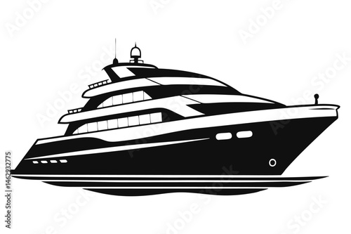 Sleek black and white yacht cruises gracefully on water, offering a luxurious nautical experience