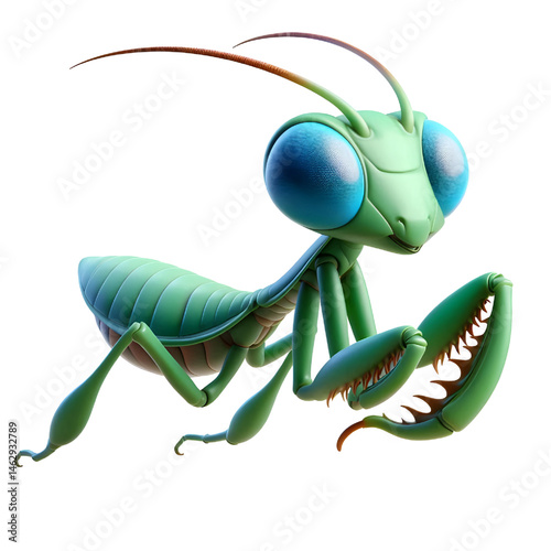 Cute 3D praying mantis isolated on white background