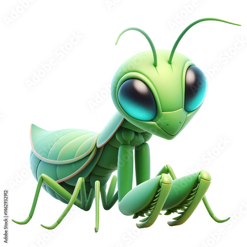 Cute 3D praying mantis isolated on white background