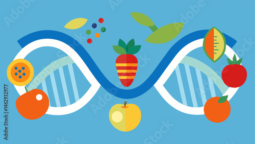 Genetic Blueprint An illustration of a DNA double helix with food icons fruits vegetables grains intertwined along the strands symbolizing the connection between genetics and