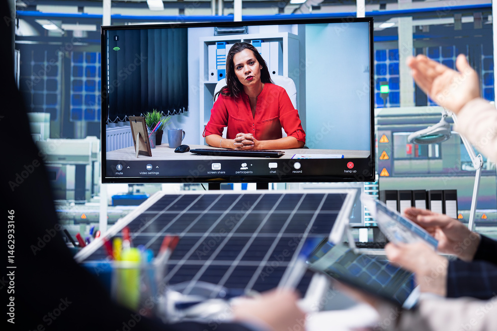 Photovoltaics factory team in remote videoconference meeting improving development efficiency. Solar panels plant employees in office studying how to harness sun power during internet video call