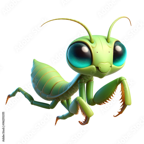 Cute 3D praying mantis isolated on white background