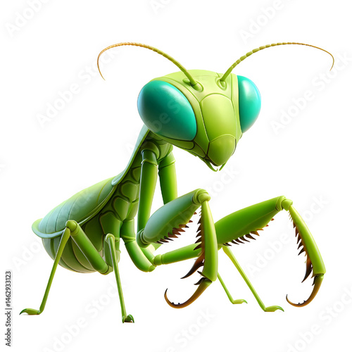 Cute 3D praying mantis isolated on white background