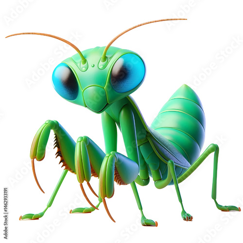Cute 3D praying mantis isolated on white background