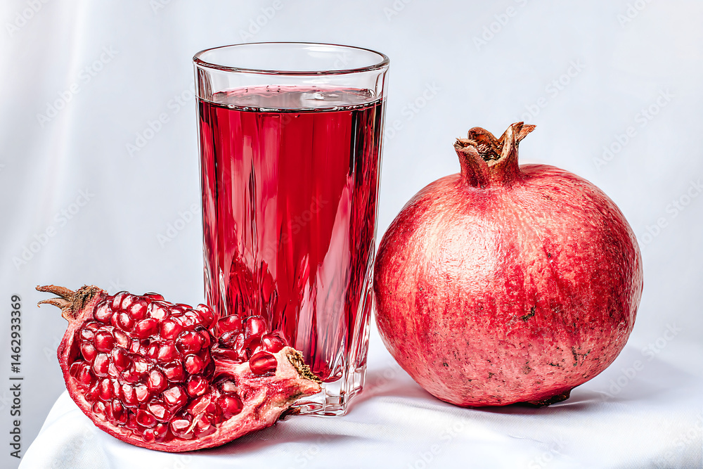 Verre de grenadine avec fruit, grenade entière et coupée