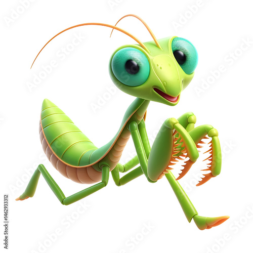 Cute 3D praying mantis isolated on white background