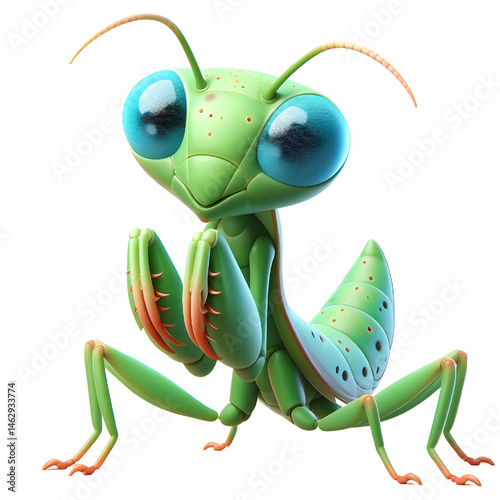 Cute 3D praying mantis isolated on white background