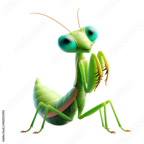 Cute 3D praying mantis isolated on white background