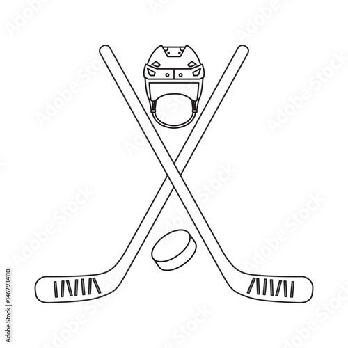 Minimalist Line Art of Crossed Hockey Sticks with Helmet and Puck Isolated on White Background