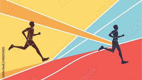 Two runners competing in a triathlon against a colorful abstract background  