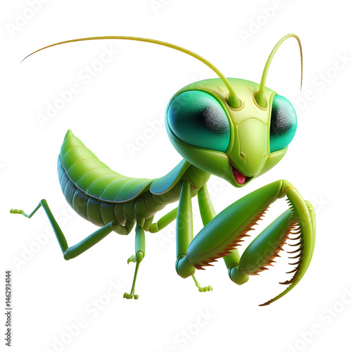 Cute 3D praying mantis isolated on white background
