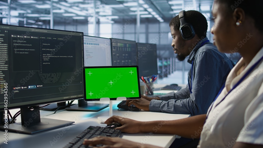 Team of programmer using green screen tablet, working in server farm to optimize it for data processing requirements. Teamworking colleagues coding on chroma key device in data center, camera A