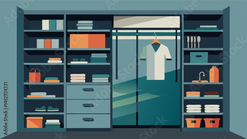 A walkin closet with builtin shelves and drawers all organized with a minimalist approach.