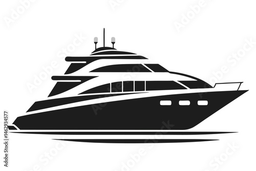 Black silhouette illustrates a modern motor yacht sailing on water, depicted with precision