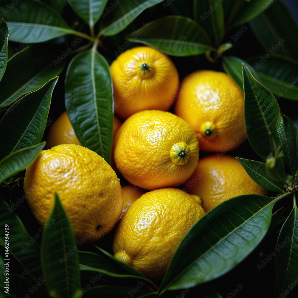 Dewy Lemons. Water-dropped yellow lemons among green leaves against dark backdrop. 32K UHD hyper-detailed citrus still life with intense lighting.
