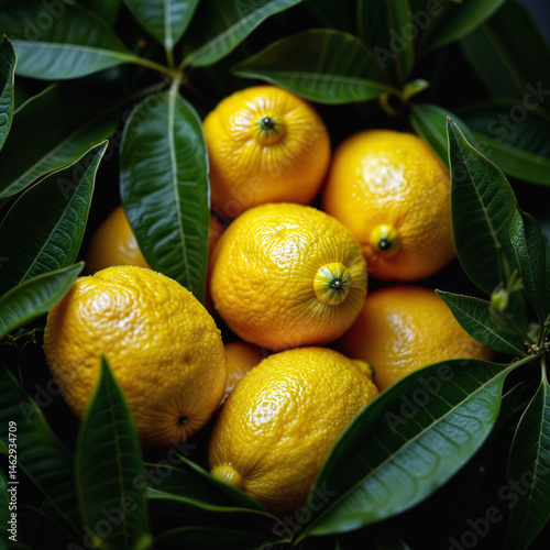 Obraz na płótnie Dewy Lemons. Water-dropped yellow lemons among green leaves against dark backdrop. 32K UHD hyper-detailed citrus still life with intense lighting. w salonie