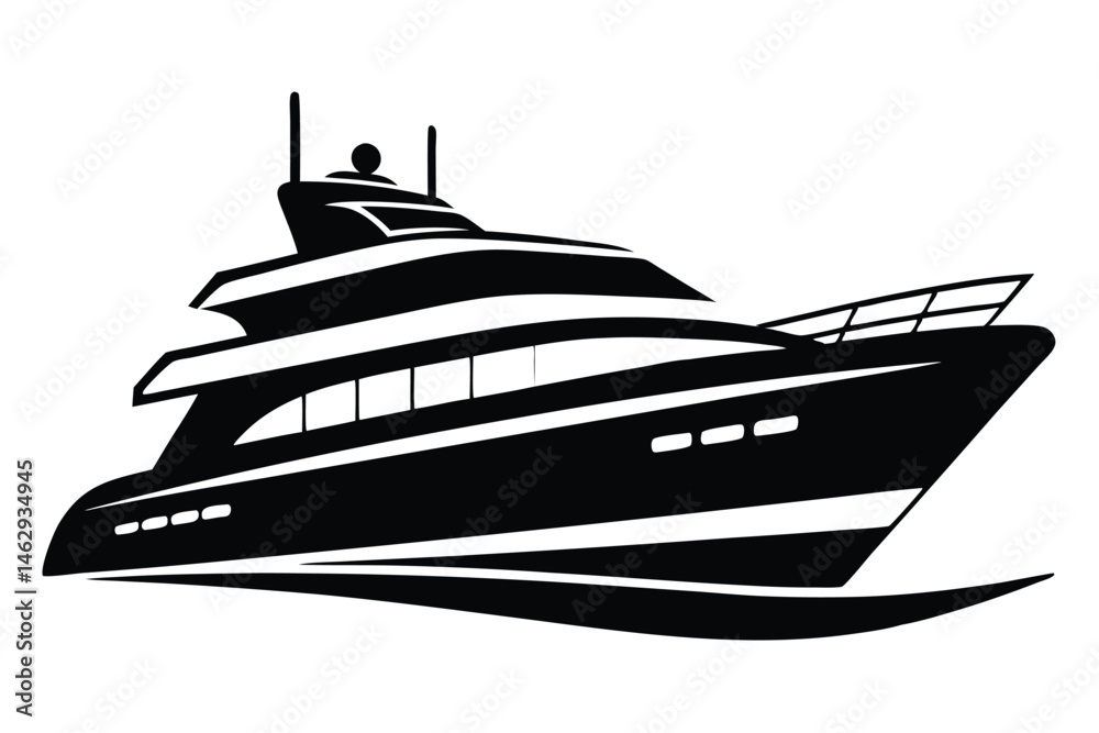 Silhouette shows a luxury yacht sailing on water against a plain white backdrop Silhouette shows a luxury yacht sailing on water against a plain white backdrop