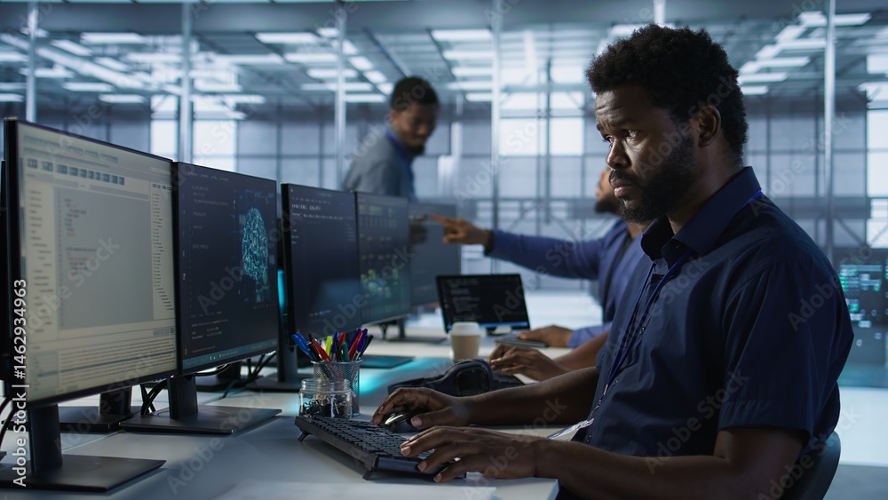 Developers in data center workspace implementing AI predictive maintenance systems. Admin in server hub office using artificial intelligence machine learning tech to identify hardware failures