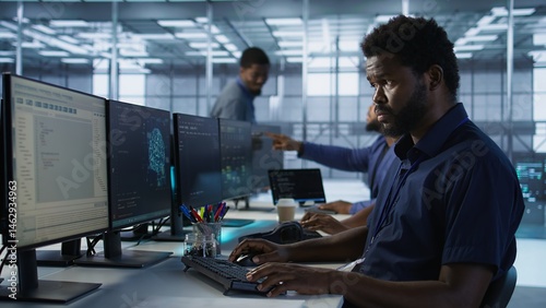 Obraz na płótnie Developers in data center workspace implementing AI predictive maintenance systems. Admin in server hub office using artificial intelligence machine learning tech to identify hardware failures w salonie