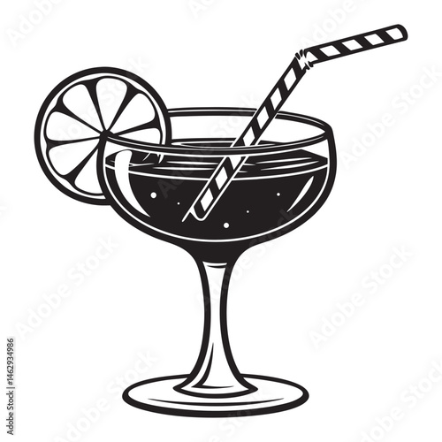 A vector illustration of a cold martini cocktail drink with ice and an olive in a glass, perfect for a bar or party celebration