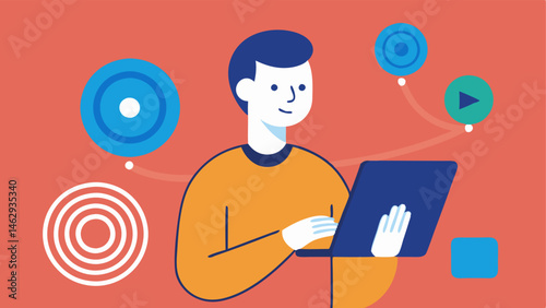 Gesture Recognition An illustration of a person using a tablet with large touch targets. Hand gestures for accessibility are shown highlighting the use of gestures for users with