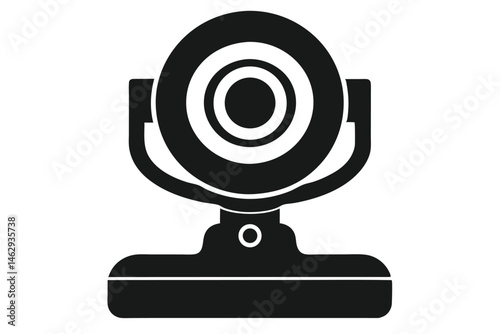 Solid black web camera shows a circular lens with concentric rings, standing tall