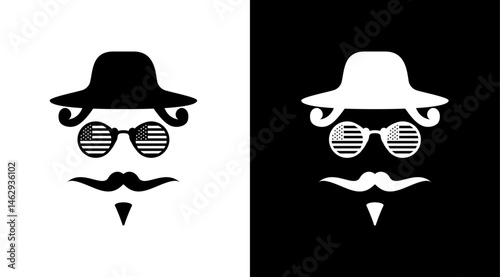 Abstract american gentleman character with hat, moustache, usa flag glasses set. Vintage man face concept vector to use for independence day, memorial day design projects.
