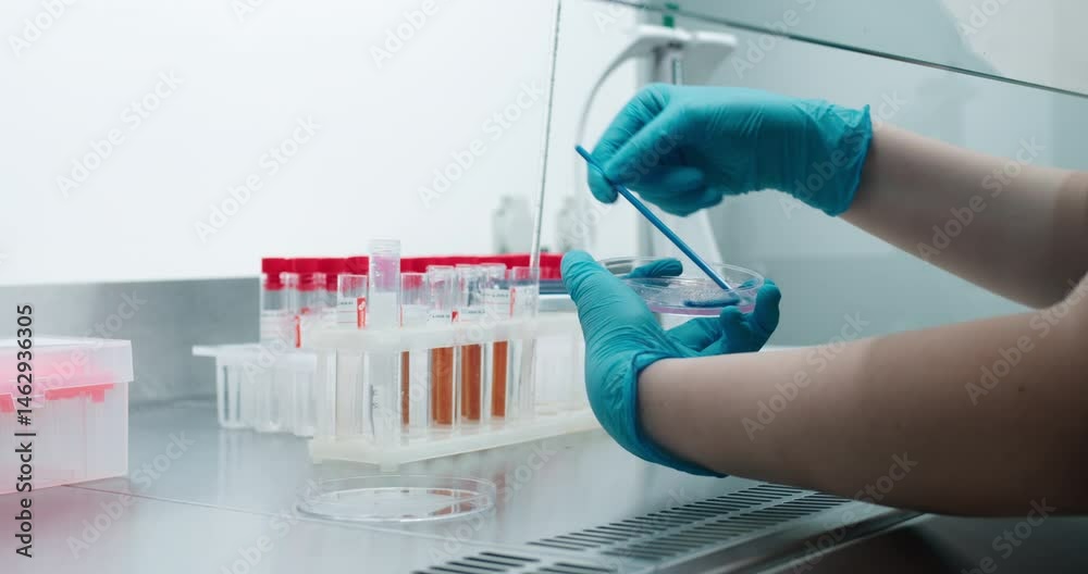 A microbiologist manually handles a petri dish. The concept of scrutinizing microorganisms with precise laboratory instruments.
